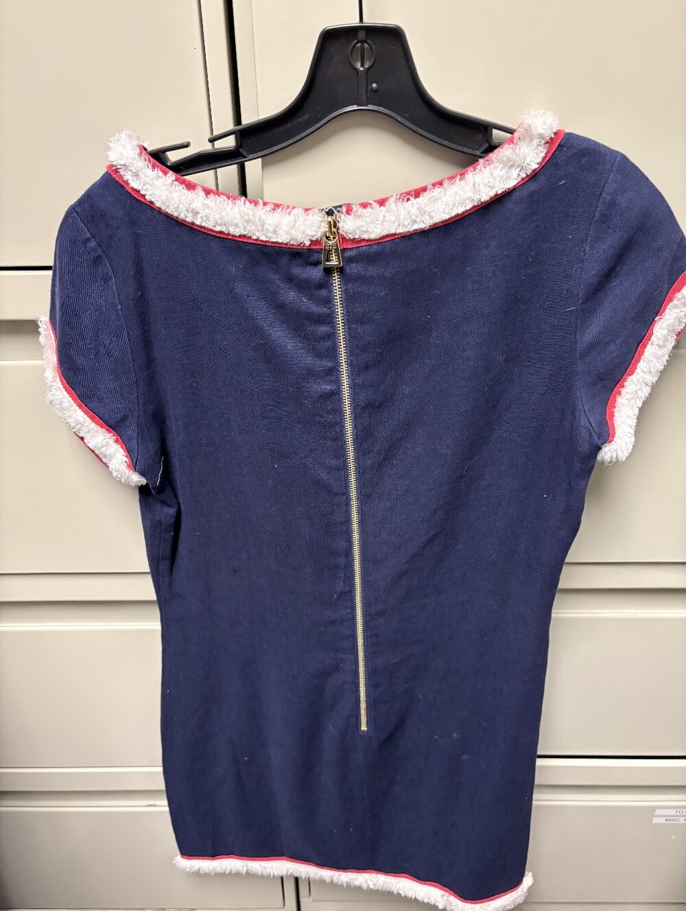 Sail to Sable Navy Dress with White Fringe and Pink Trim
